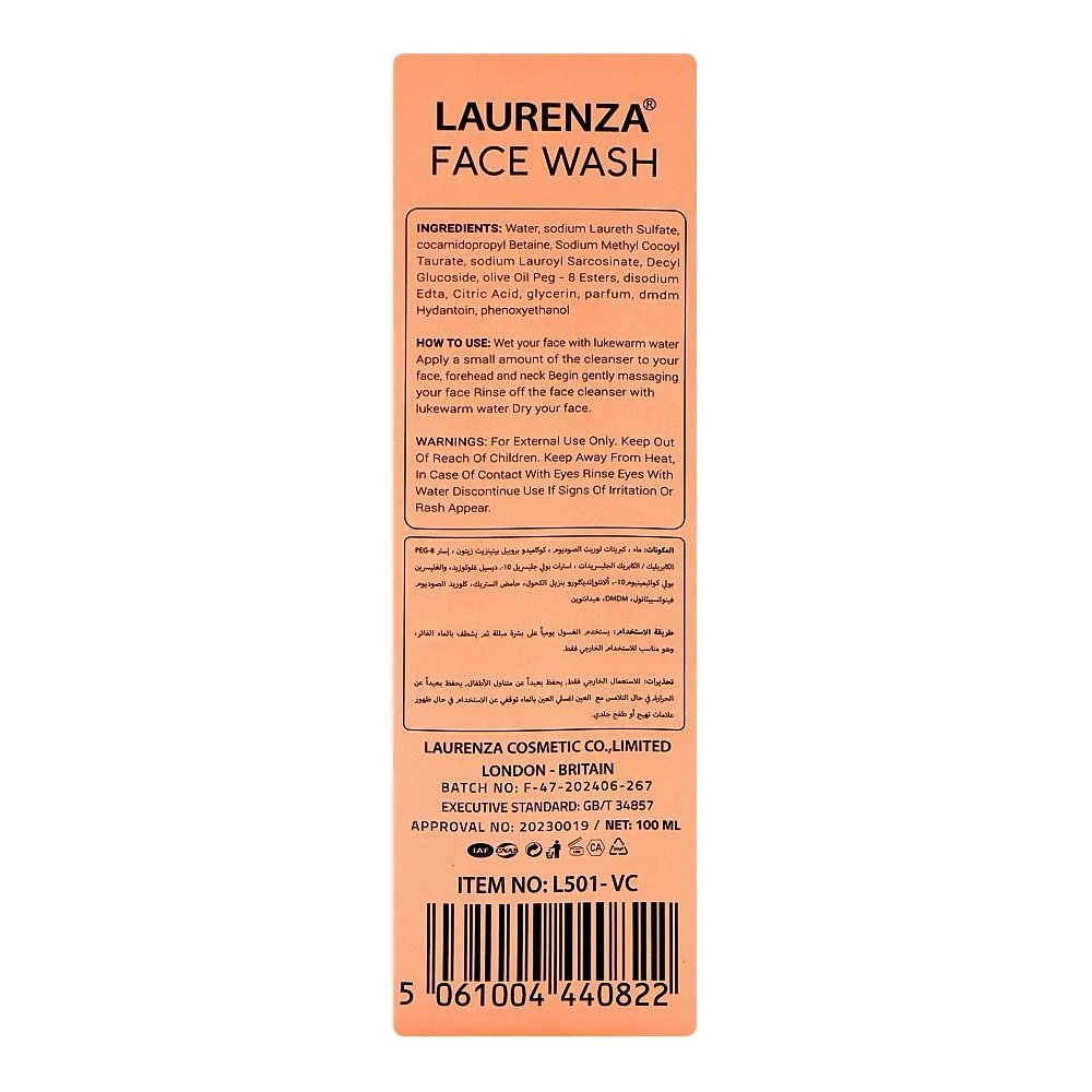 Side view of laurenza vitamin c face wash, olive oil, citric acid, for even skin tone, 100ml