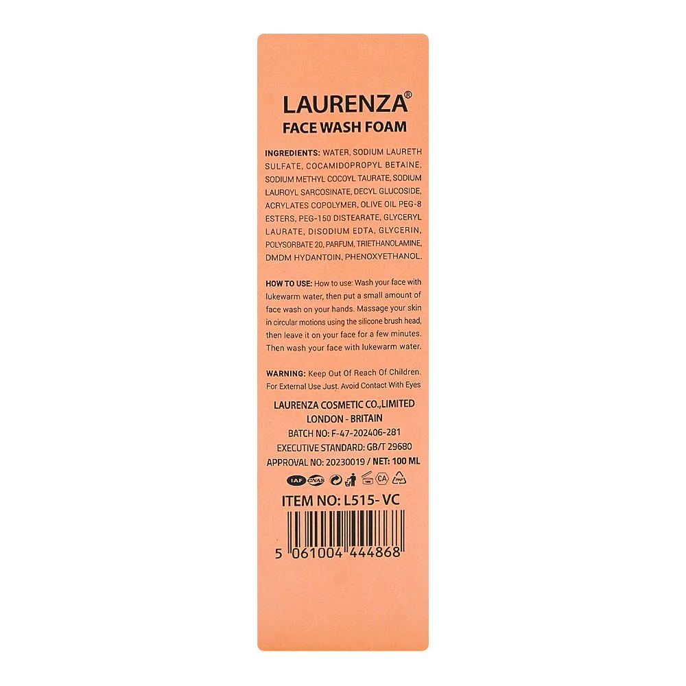Side view of laurenza vitamin c foam face wash, olive oil, glycerin, for improving skin tone & freshness, 100ml