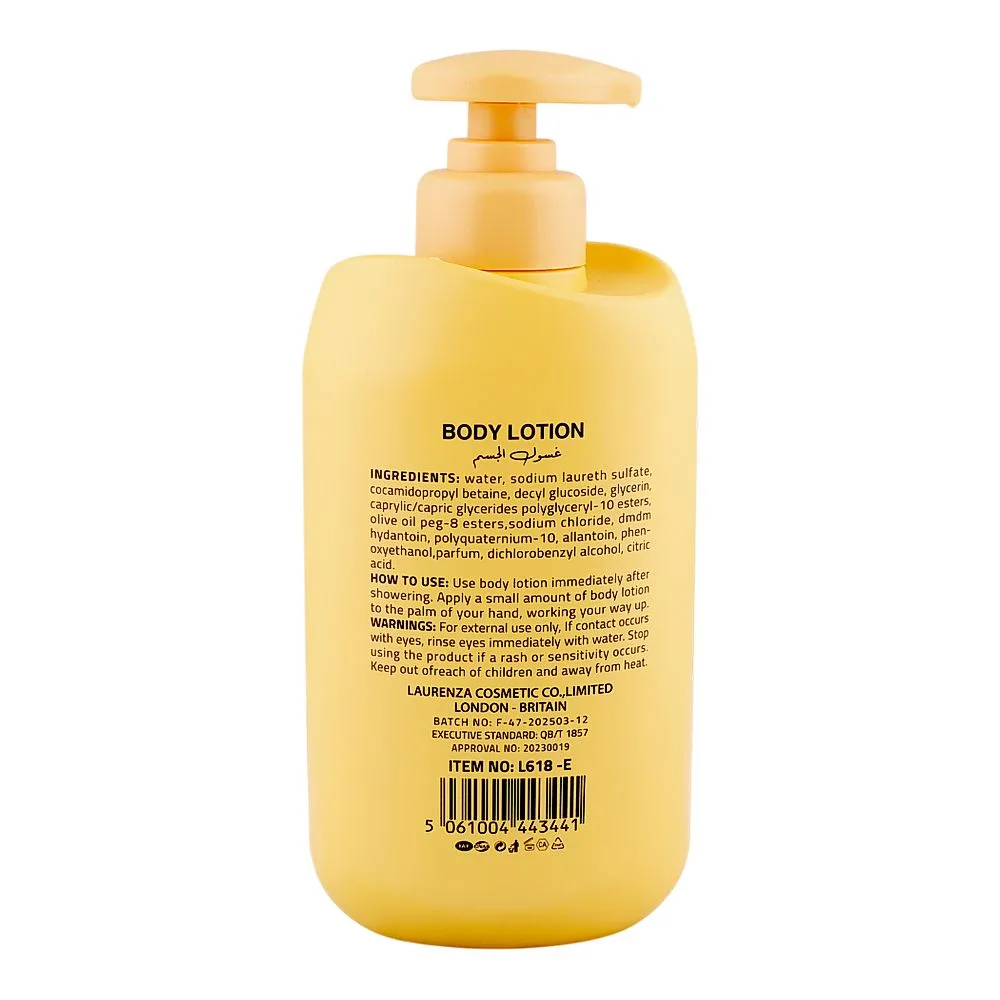 Side view of laurenza vitamin e body lotion, glycerin, citric acid, for soft & fresh skin, 500ml