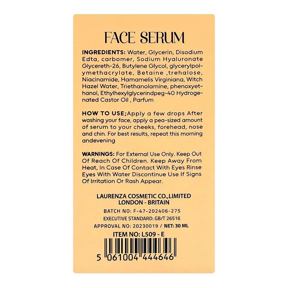 Side view of laurenza vitamin e face serum, glycerin, niacinamide, for skin pigmentation, 30ml