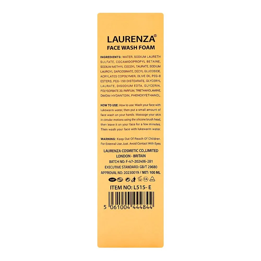 Side view of laurenza vitamin e foam face wash, olive oil, glycerin, 100ml