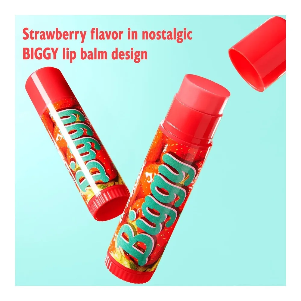Side view of lip smacker biggy lip balm, nostalgic flavor, ultra-moisturizing & hydrating, clear glossy finish - strawberry, 17g