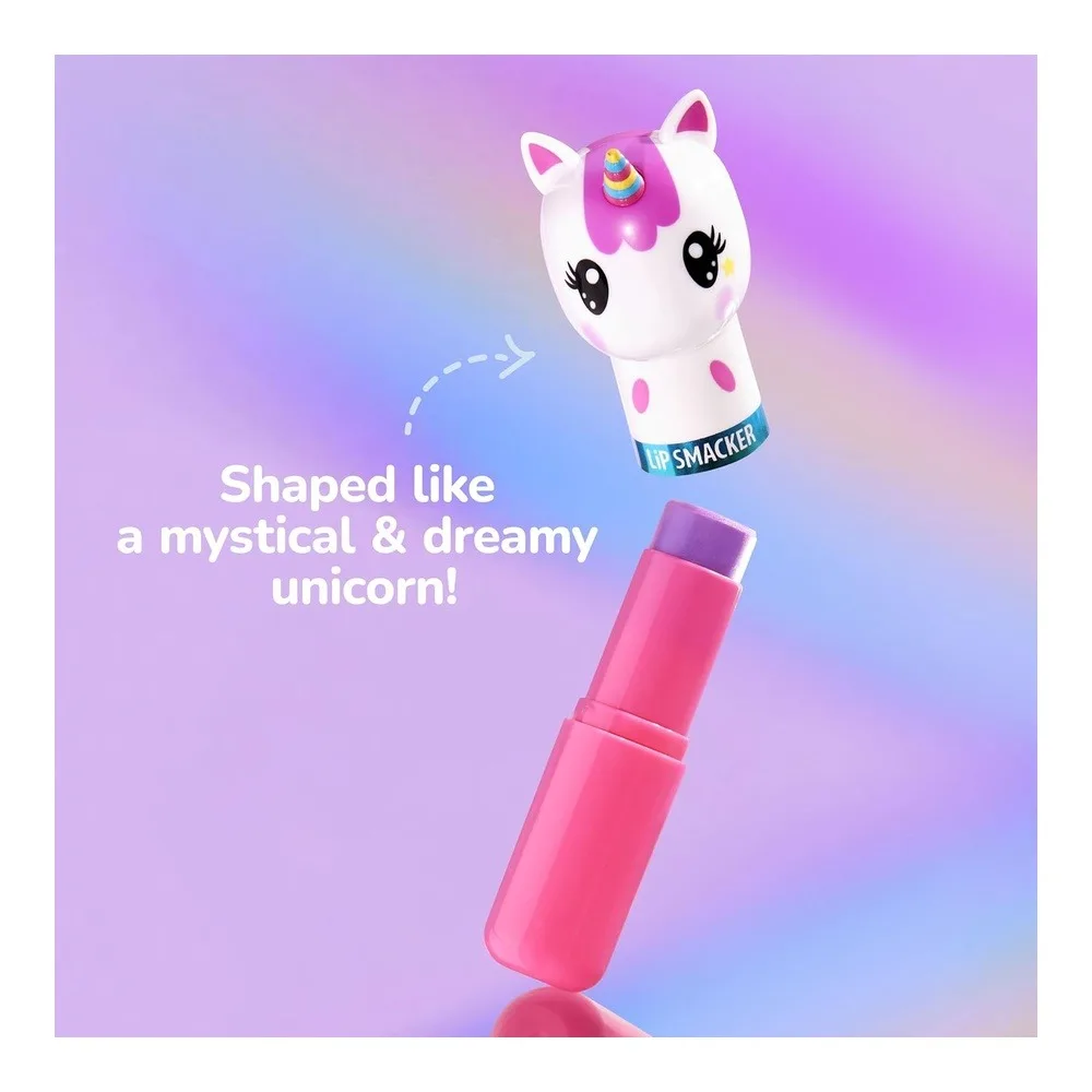 Side view of lip smacker lippy pals unicorn, flavored moisturizing & smoothing soft shine lip balm, hydrating & protecting - unicorn magic, 4g