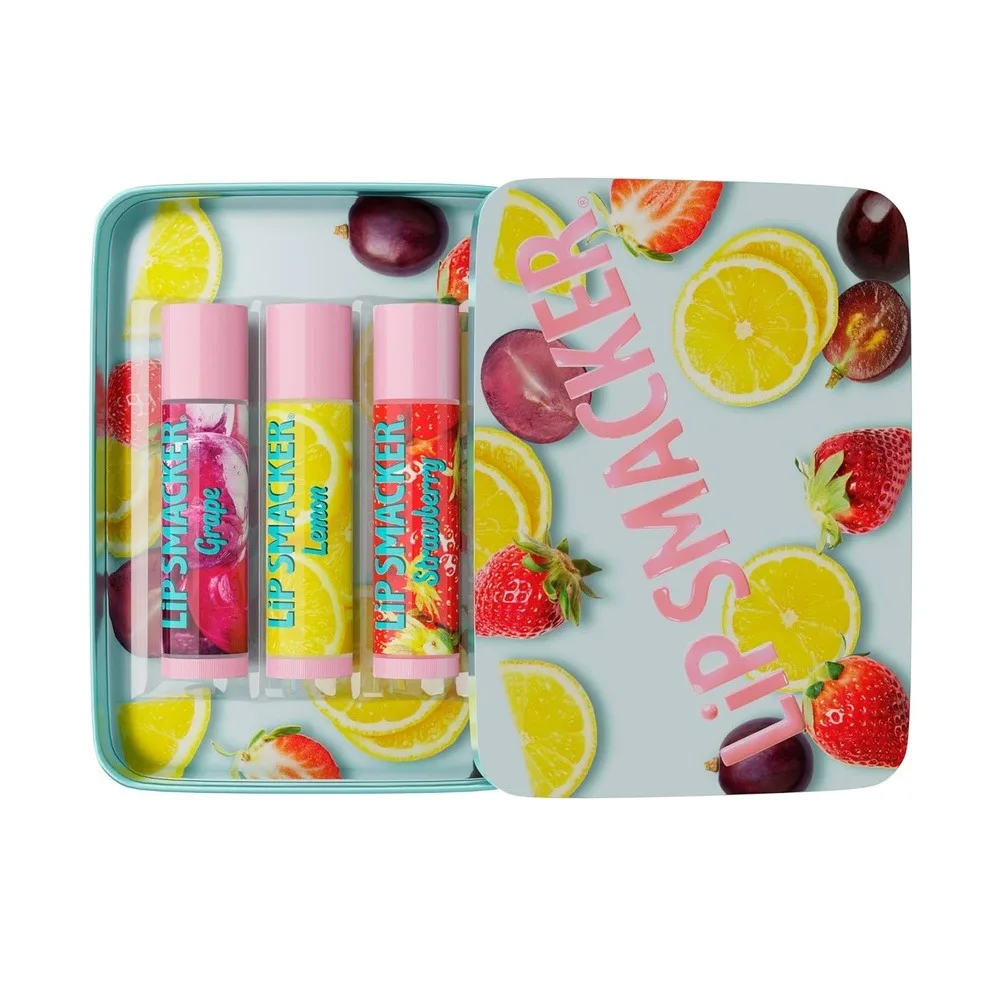 Lip Smacker Nostalgia Lip Balm Trio Tin, Moisturizing & Hydrating Lip Care, Clear Glossy Finish, Fun & Collectible Gift Set, Grape, Lemon, and Strawberry, 12g