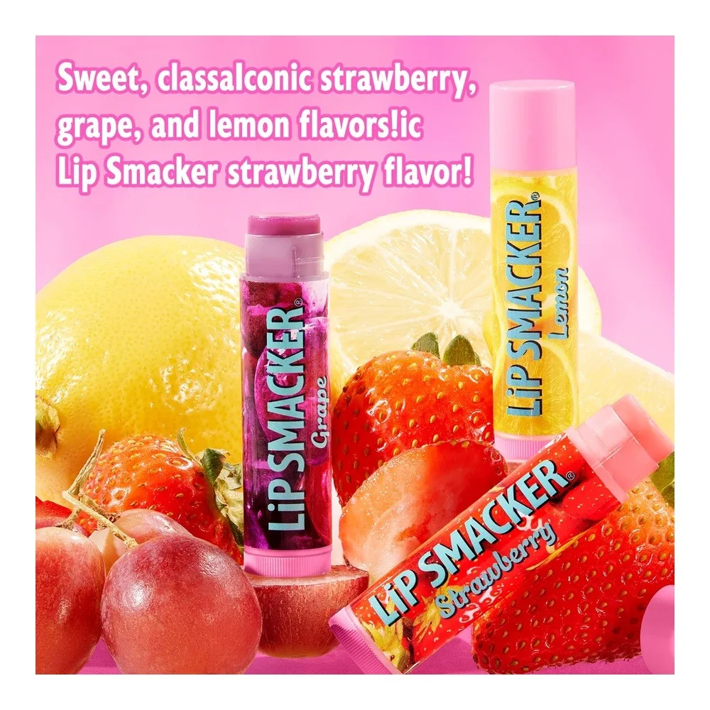 Side view of lip smacker nostalgia lip balm trio tin, moisturizing & hydrating lip care, clear glossy finish, fun & collectible gift set, grape, lemon, and strawberry, 12g