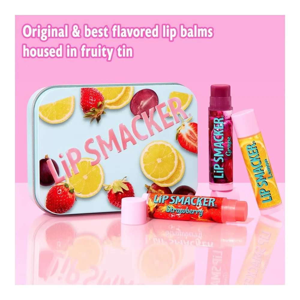 Comfortable casual lip smacker nostalgia lip balm trio tin, moisturizing & hydrating lip care, clear glossy finish, fun & collectible gift set, grape, lemon, and strawberry, 12g