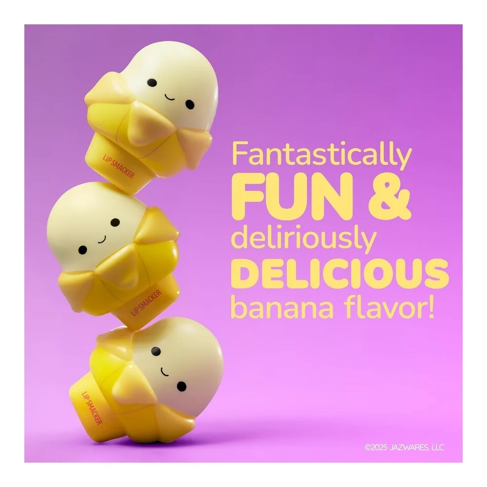 Side view of lip smacker squishmallows moisturizing lip balm, hydrates & smooths – junie, banana, 7.4g