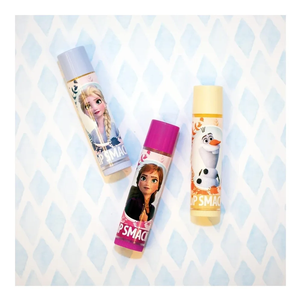 Side view of lip smackers disney frozen 2 flavored lip balm - moisturizing, soothing trio mythical juniper, vanilla snow-it-all, & optimistic berry, 3 pcs, 12g