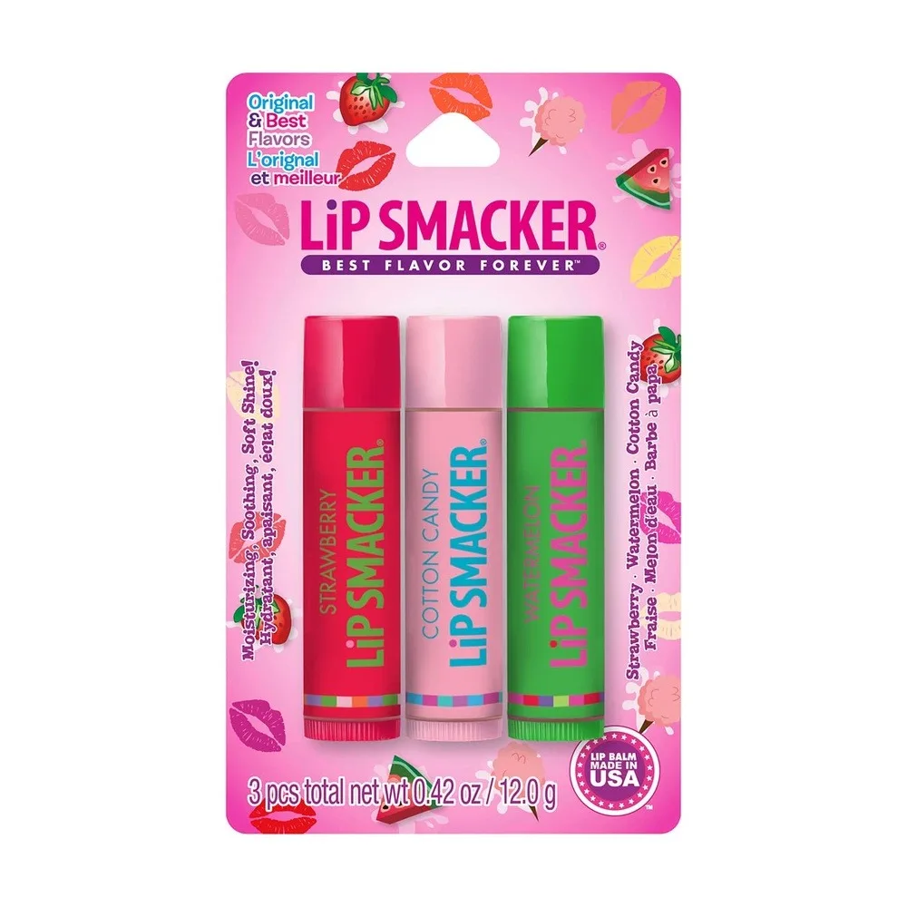 Lip Smackers Flavored Lip Balm Original & Best - Moisturizing, Soothing Trio Strawberry, Watermelon, & Cotton Candy, 3 Pcs, 12g
