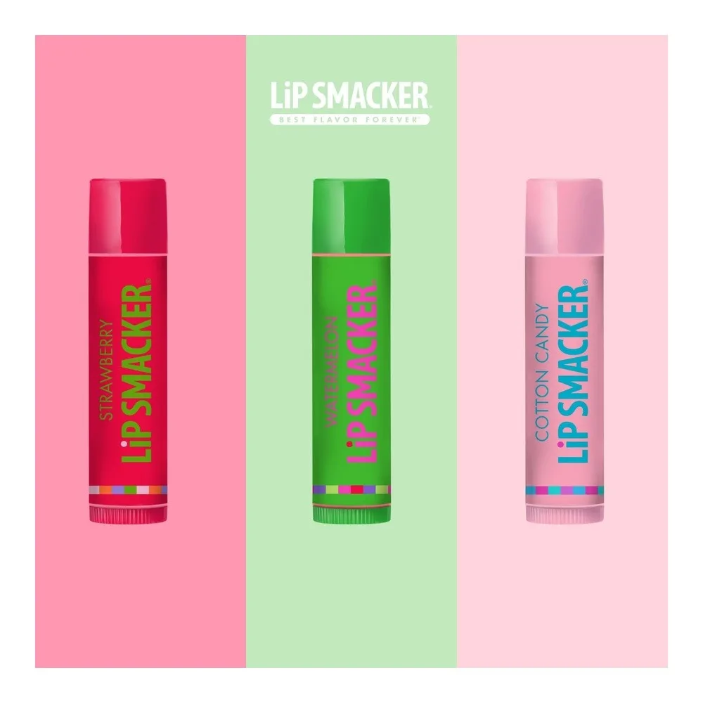 Side view of lip smackers flavored lip balm original & best - moisturizing, soothing trio strawberry, watermelon, & cotton candy, 3 pcs, 12g