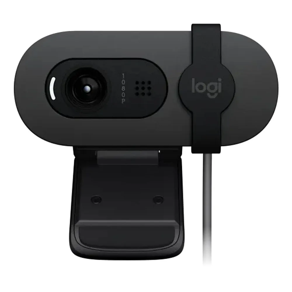 Side view of logitech full hd 1080p webcam, 2mp, 30fps, grey, brio 100, 960-001587