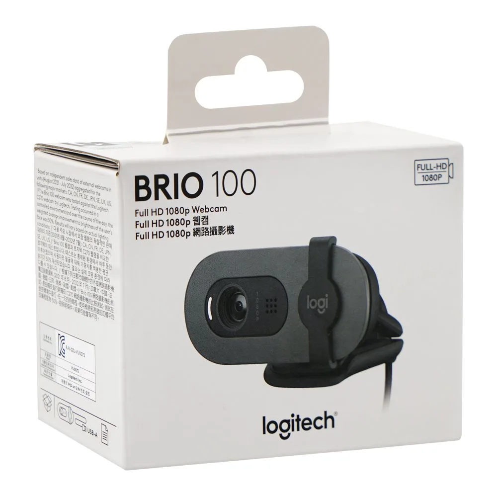 Close-up design of logitech full hd 1080p webcam, 2mp, 30fps, grey, brio 100, 960-001587