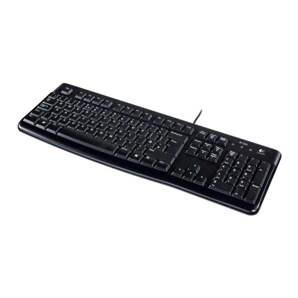 Side view of logitech k120 plug and play usb keyboard, black