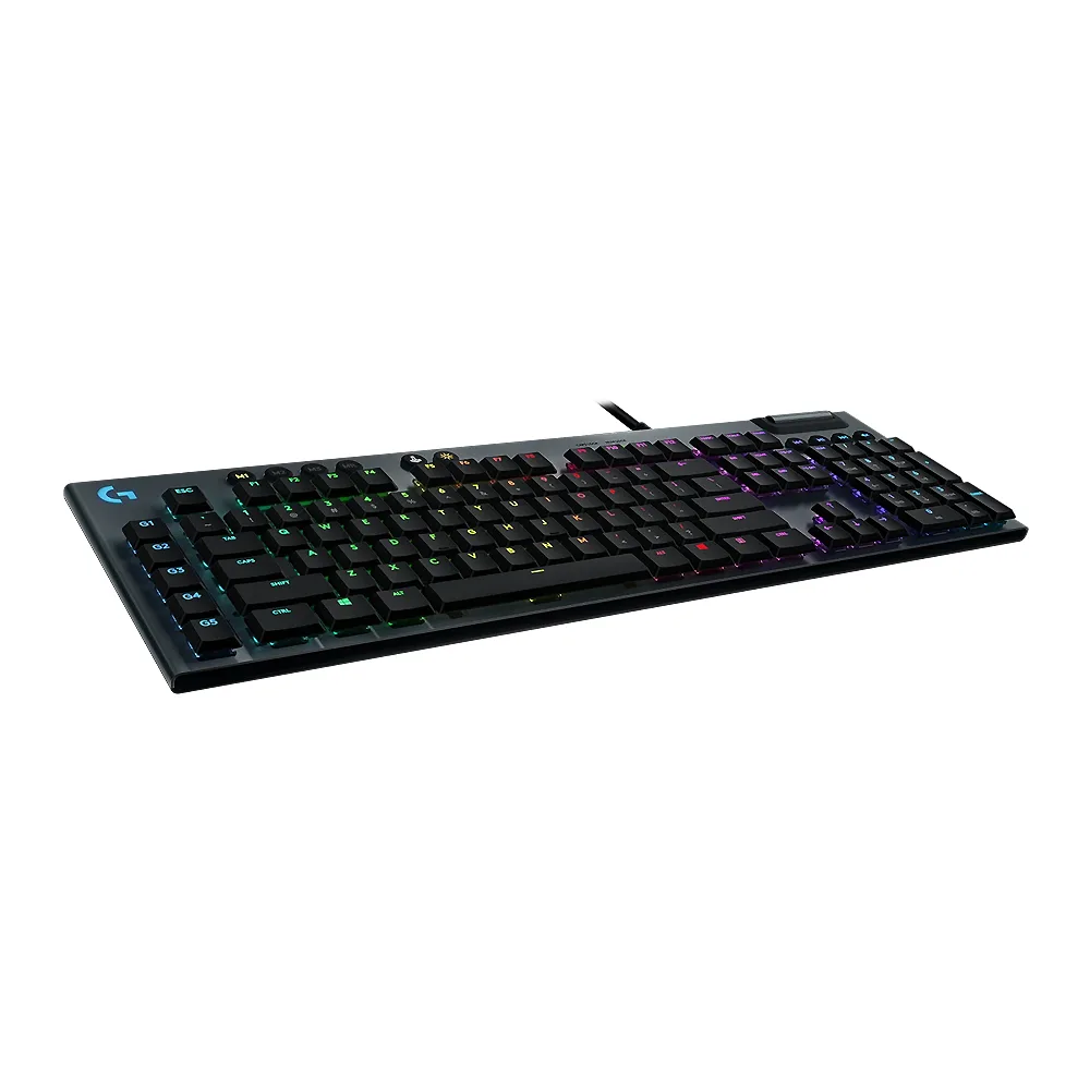 Side view of logitech light sync rgb mechanical gaming keyboard, clicky, g813, 920-009098