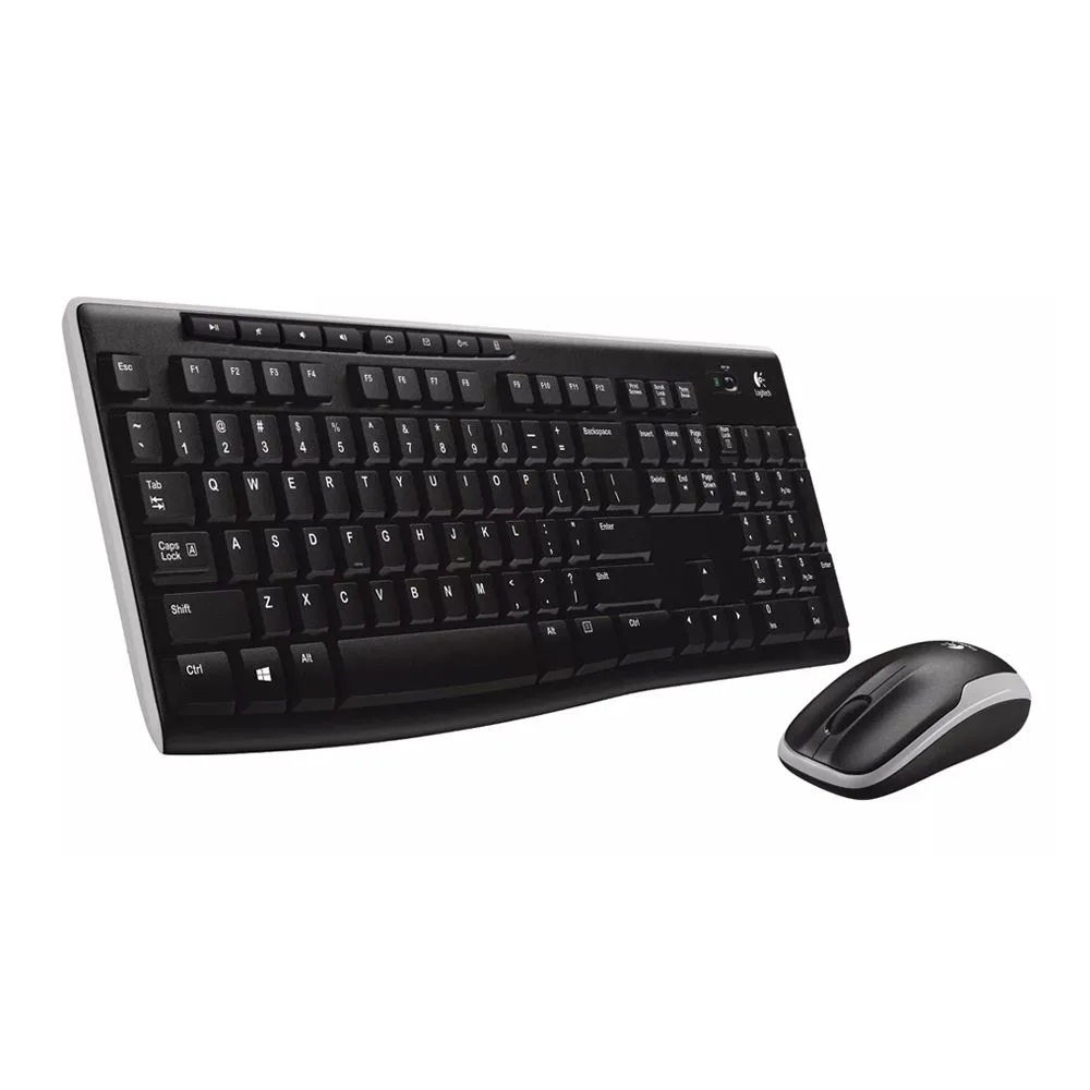 Side view of logitech mk270r wireless combo keyboard + mouse, black