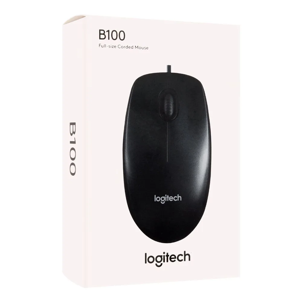 Side view of logitech mouse, black, b100