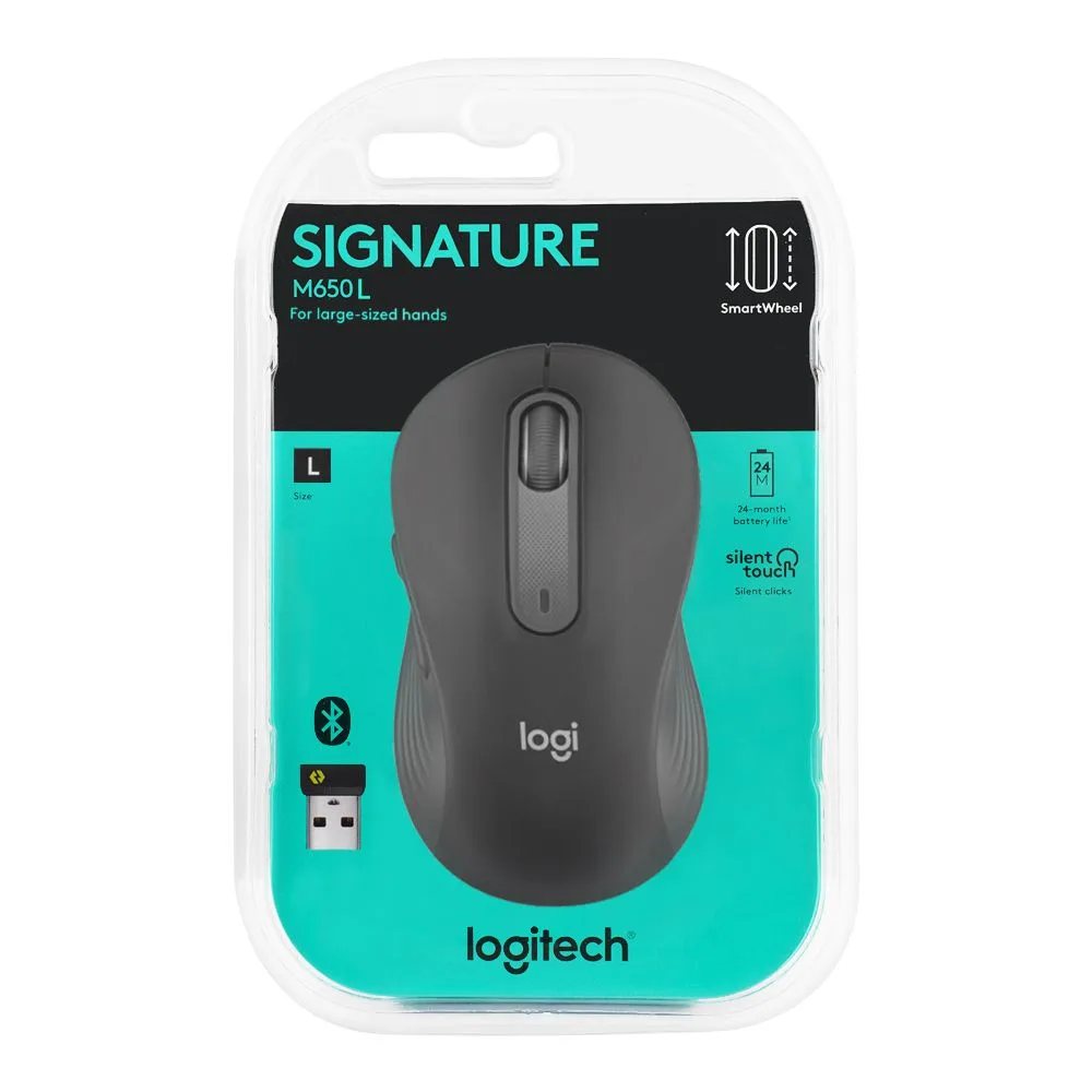 Side view of logitech signature wireless mouse large size, grey, m650l