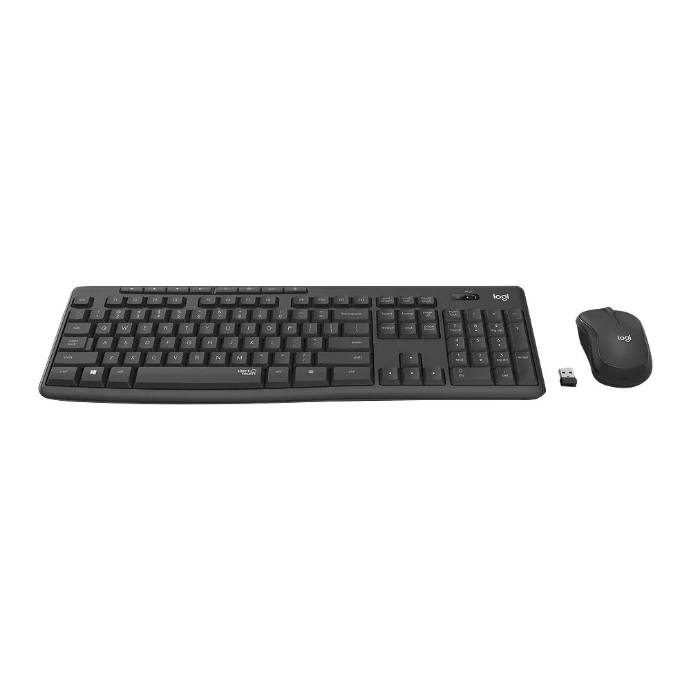 Side view of logitech silent wireless combo keyboard & mouse black, mk295