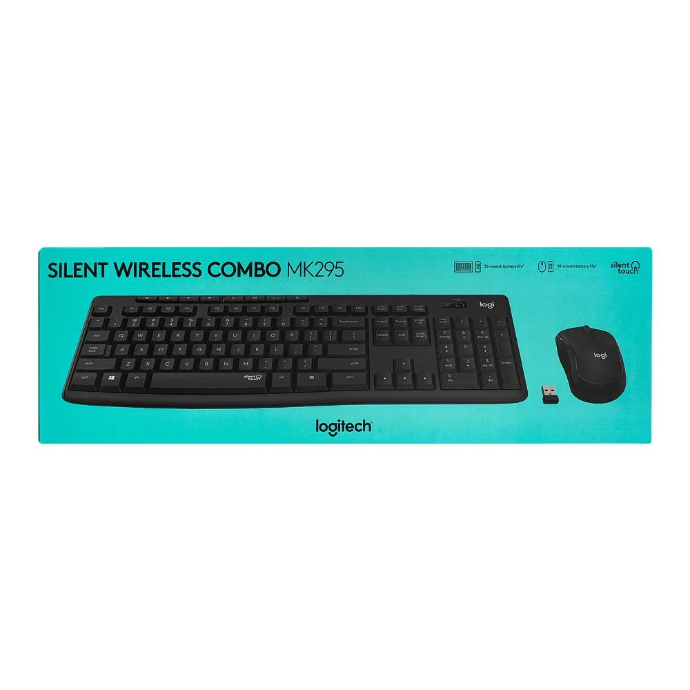 Close-up design of logitech silent wireless combo keyboard & mouse black, mk295