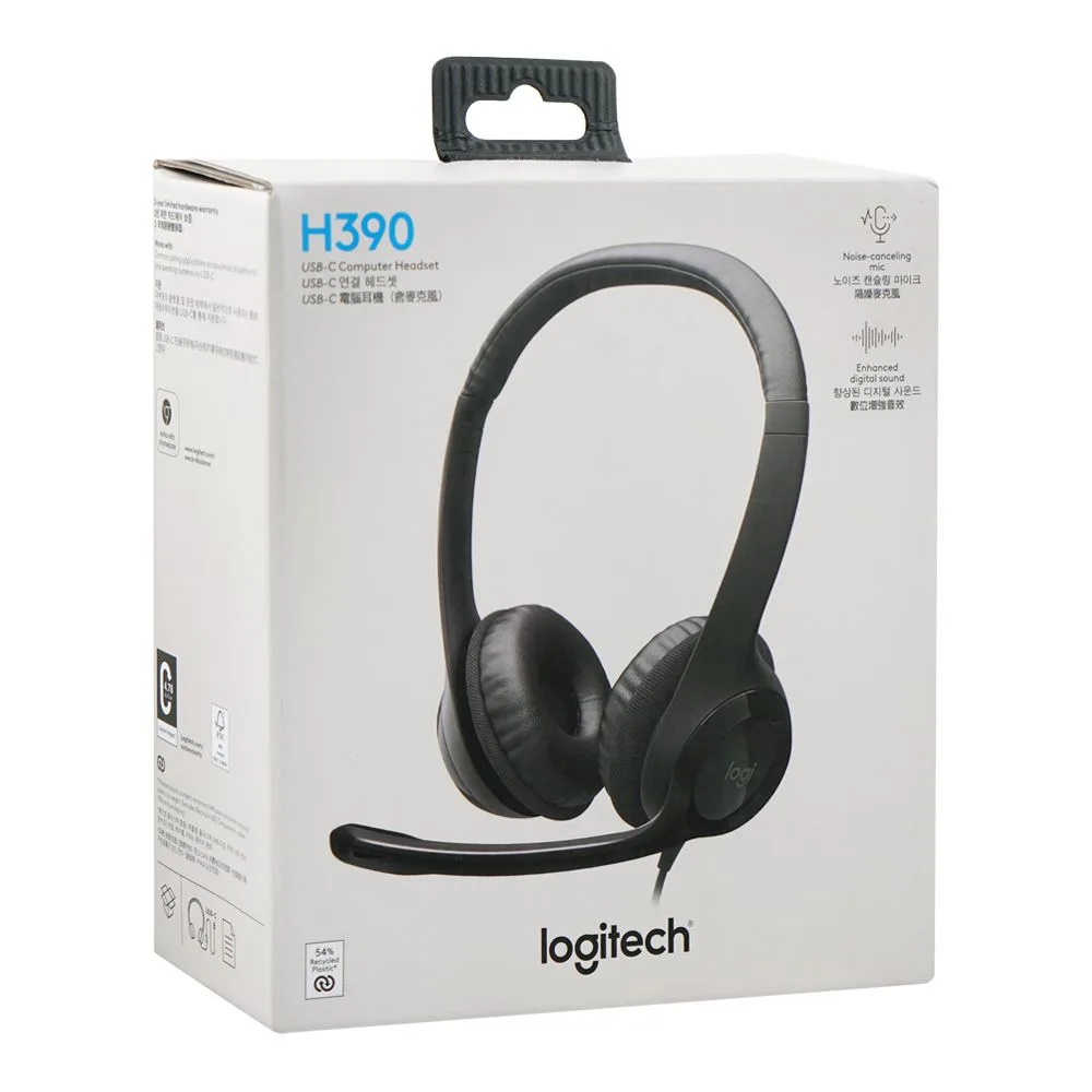 Side view of logitech usb-c computer headset, black, h390, 981-001577