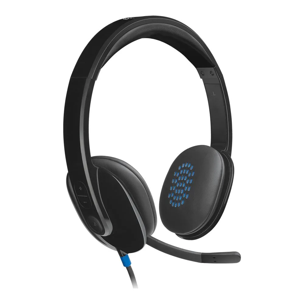 Side view of logitech usb computer headset, black, h540