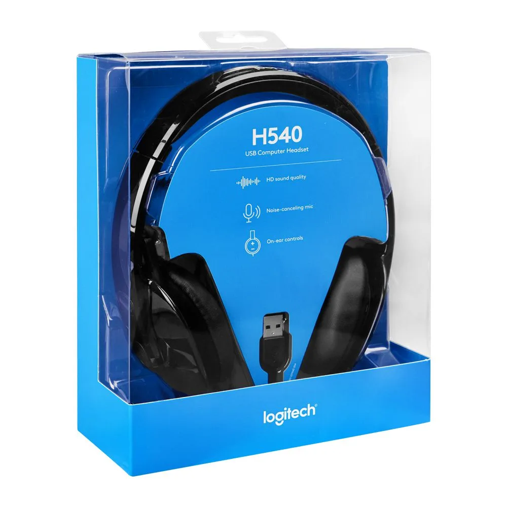 Close-up design of logitech usb computer headset, black, h540