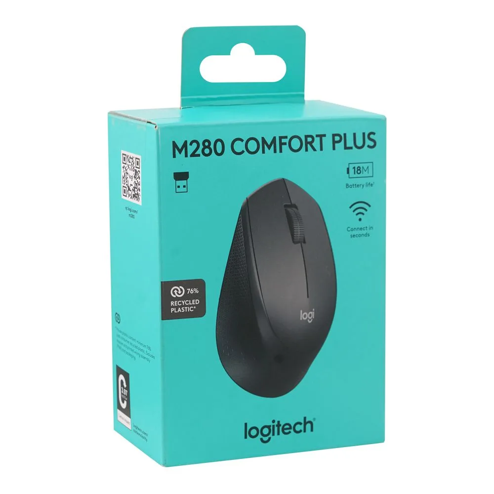 Side view of logitech wireless mouse, 18 months battery life, m-280, 910-004295
