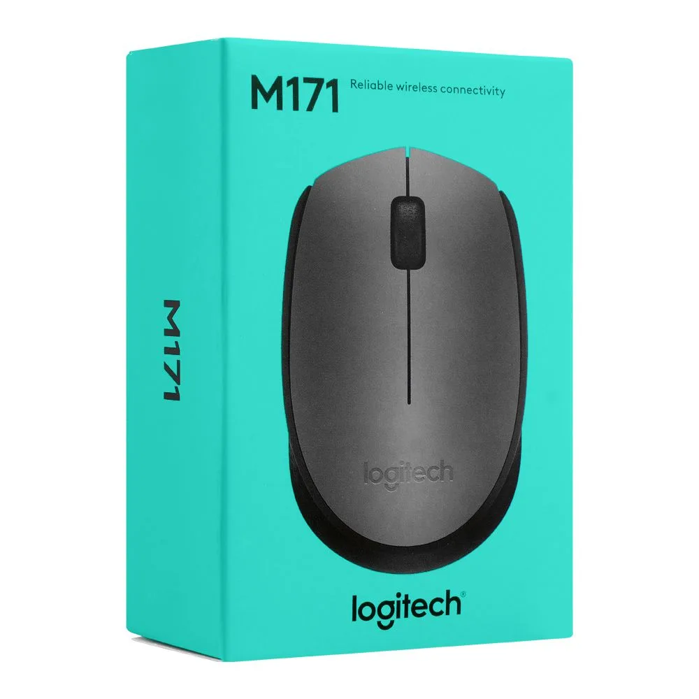 Side view of logitech wireless mouse, black/grey, m171