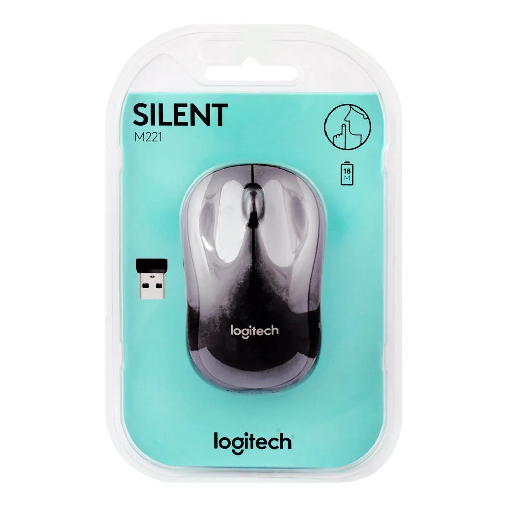 Side view of logitech wireless mouse, black, m-221