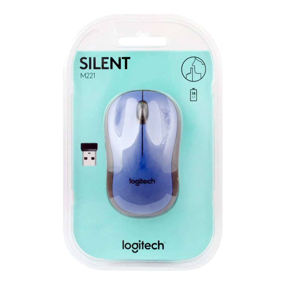 Side view of logitech wireless mouse, blue/black, m-221