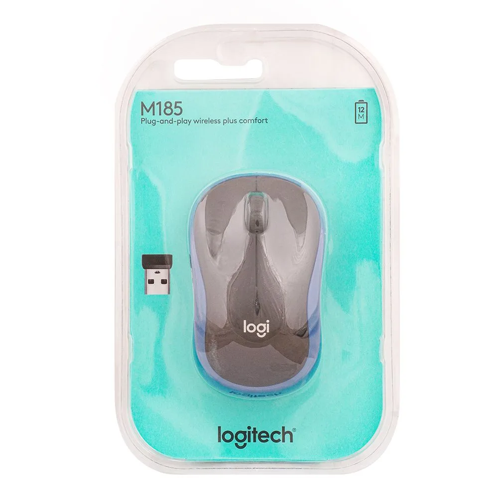 Side view of logitech wireless mouse, blue, m185, 910-002502