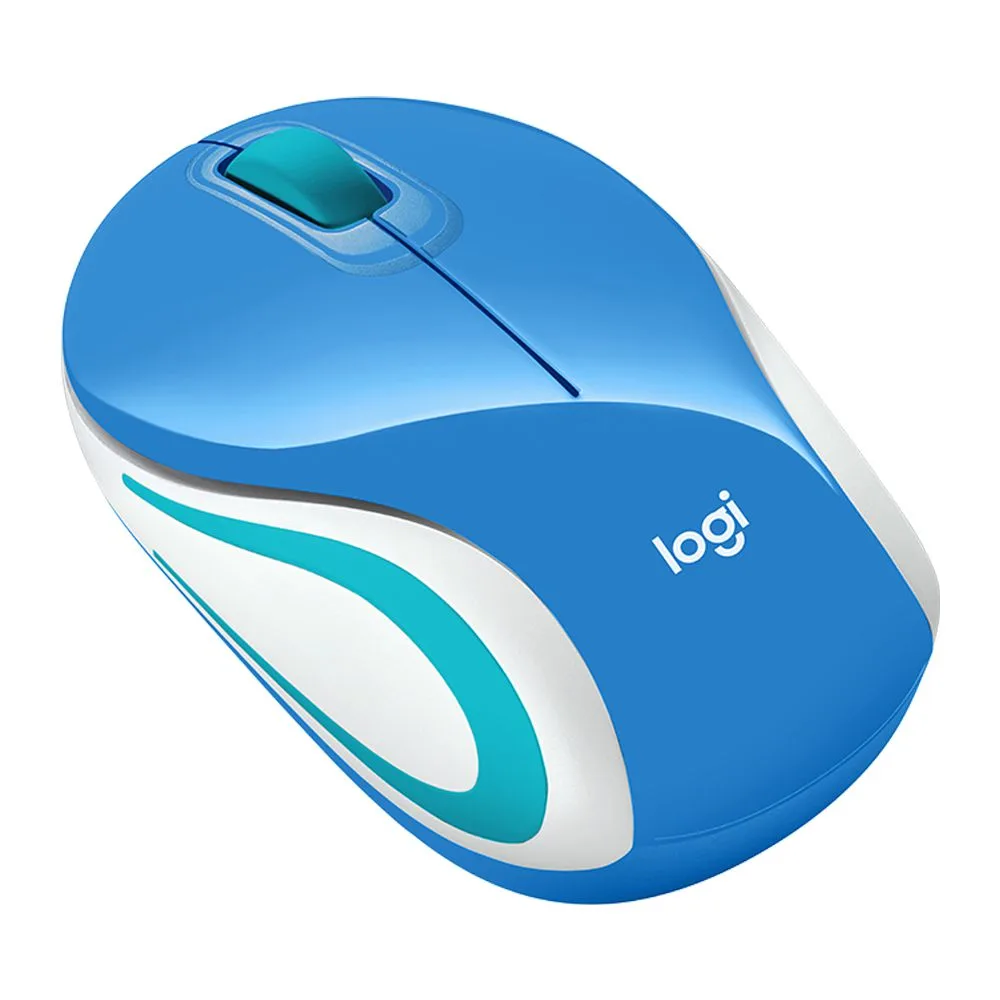 Side view of logitech wireless mouse, blue/white, m187