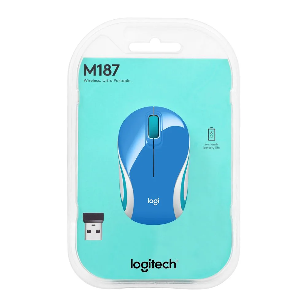 Close-up design of logitech wireless mouse, blue/white, m187