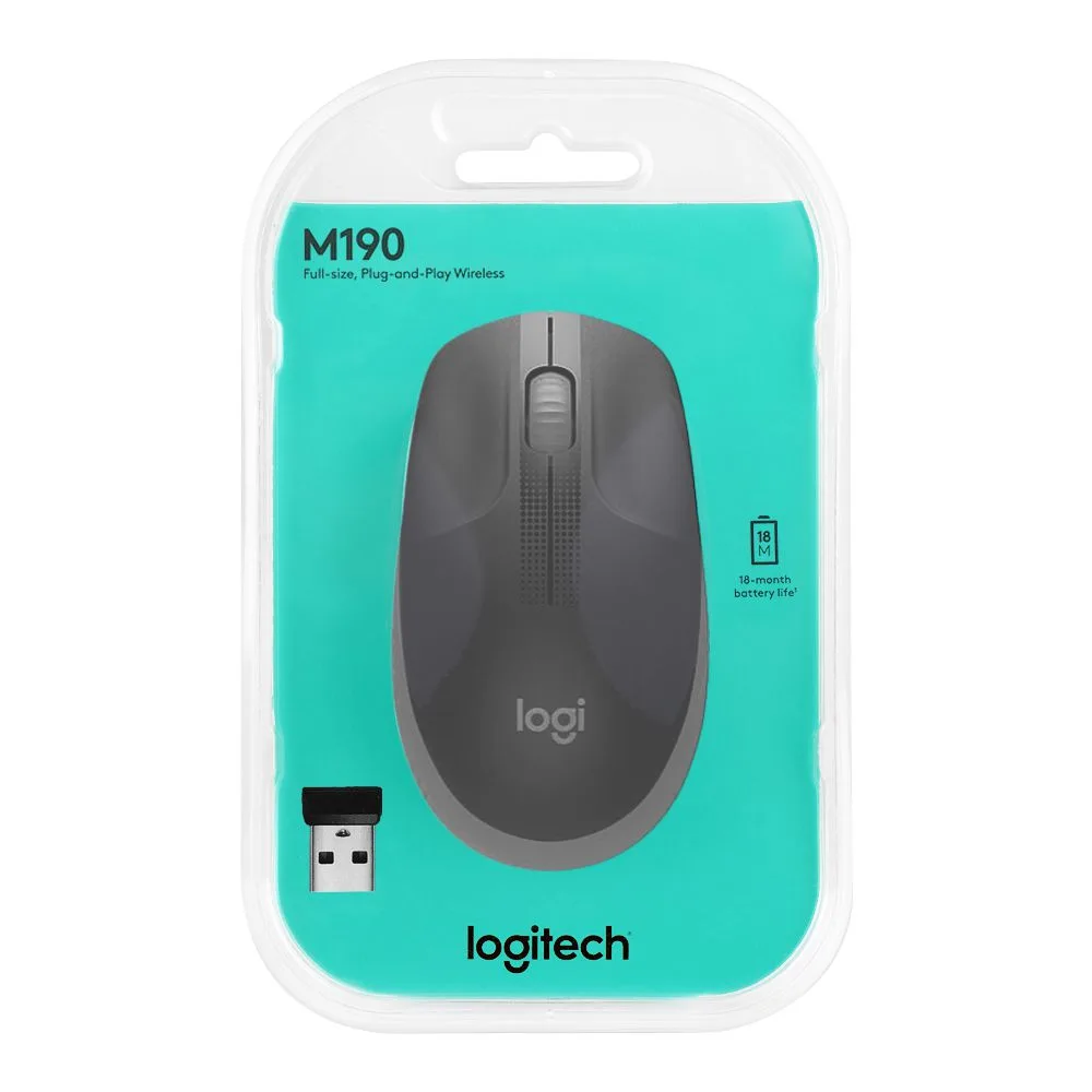 Side view of logitech wireless mouse, grey, m190, 910-005913