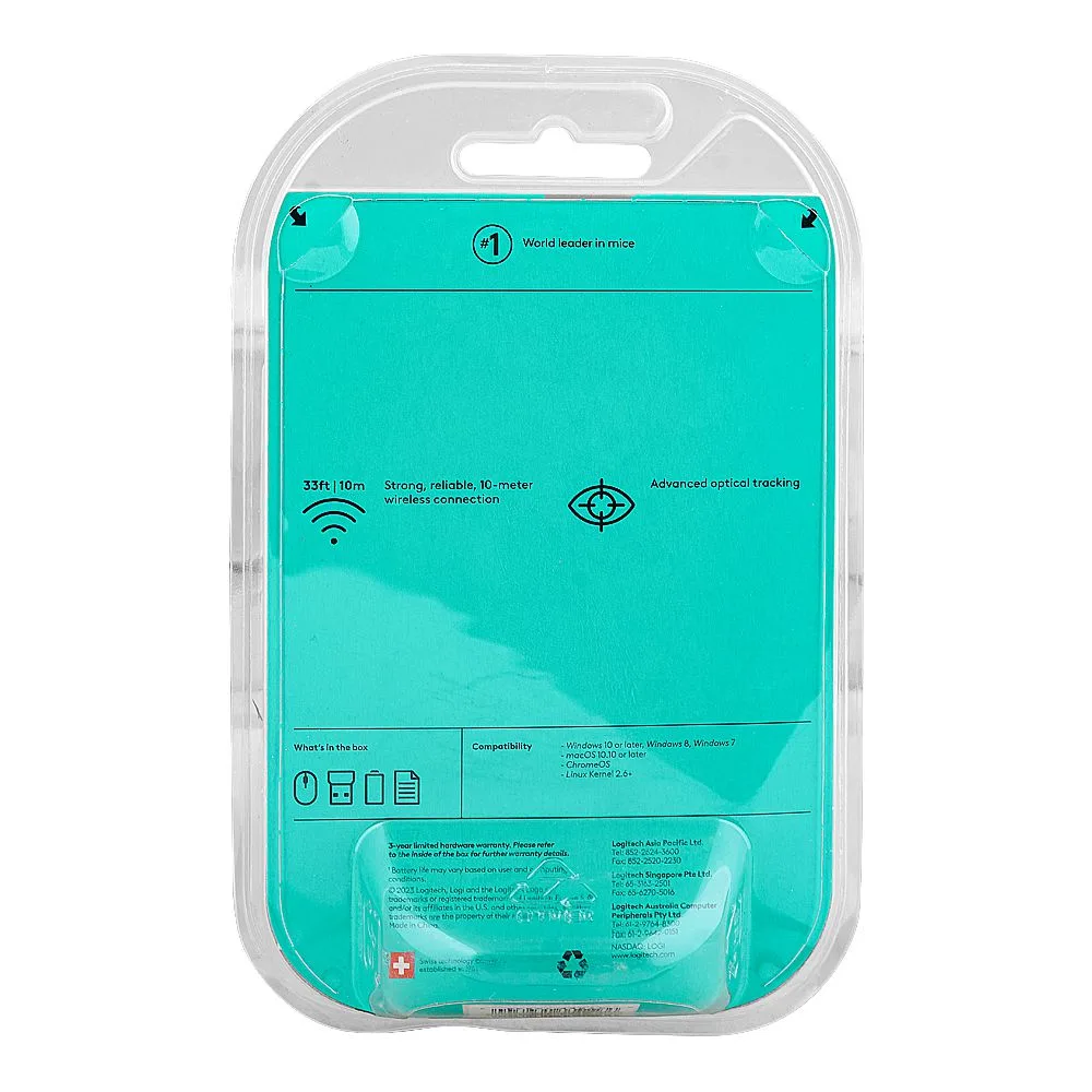 Close-up design of logitech wireless mouse, red, m187 910-005373