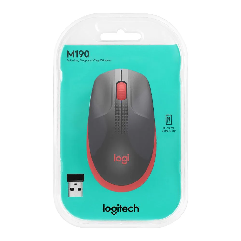 Side view of logitech wireless mouse, red, m190, 910-005915