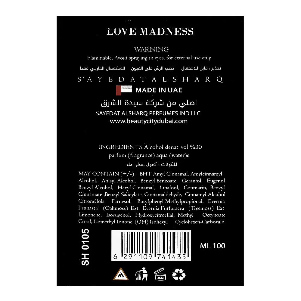 Side view of love madness perfume, eau de toilette, for women, 100ml