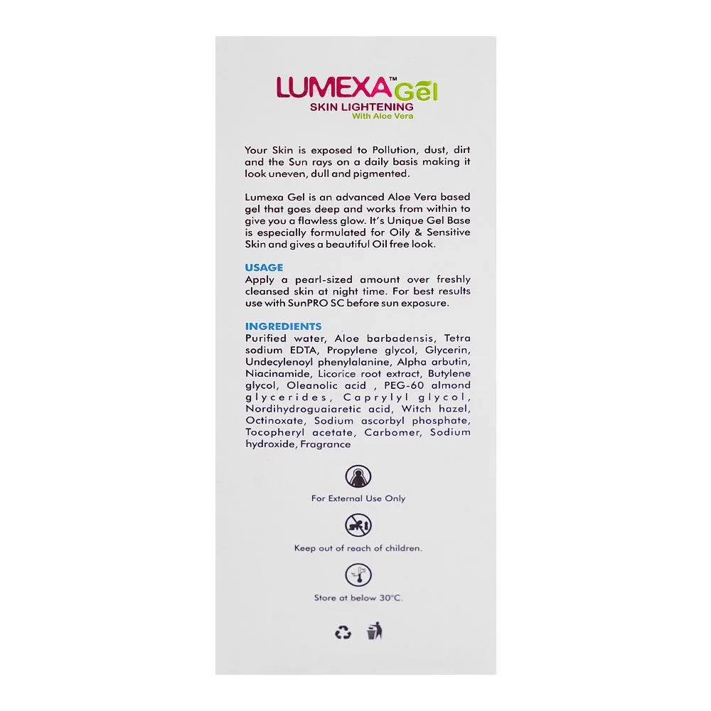 Side view of lumexa skin lightening gel with aloe vera, 30g