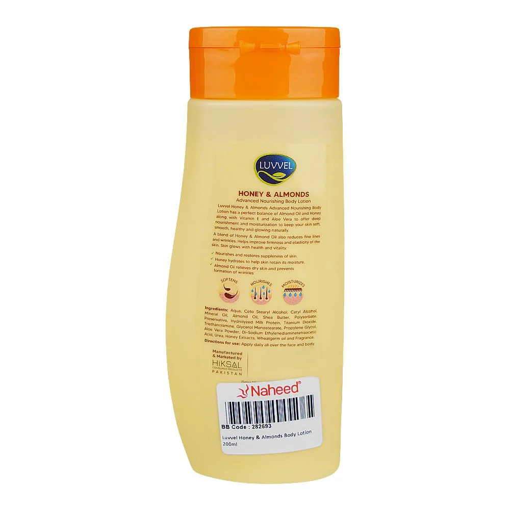 Side view of luvvel honey & almonds body lotion, 200ml