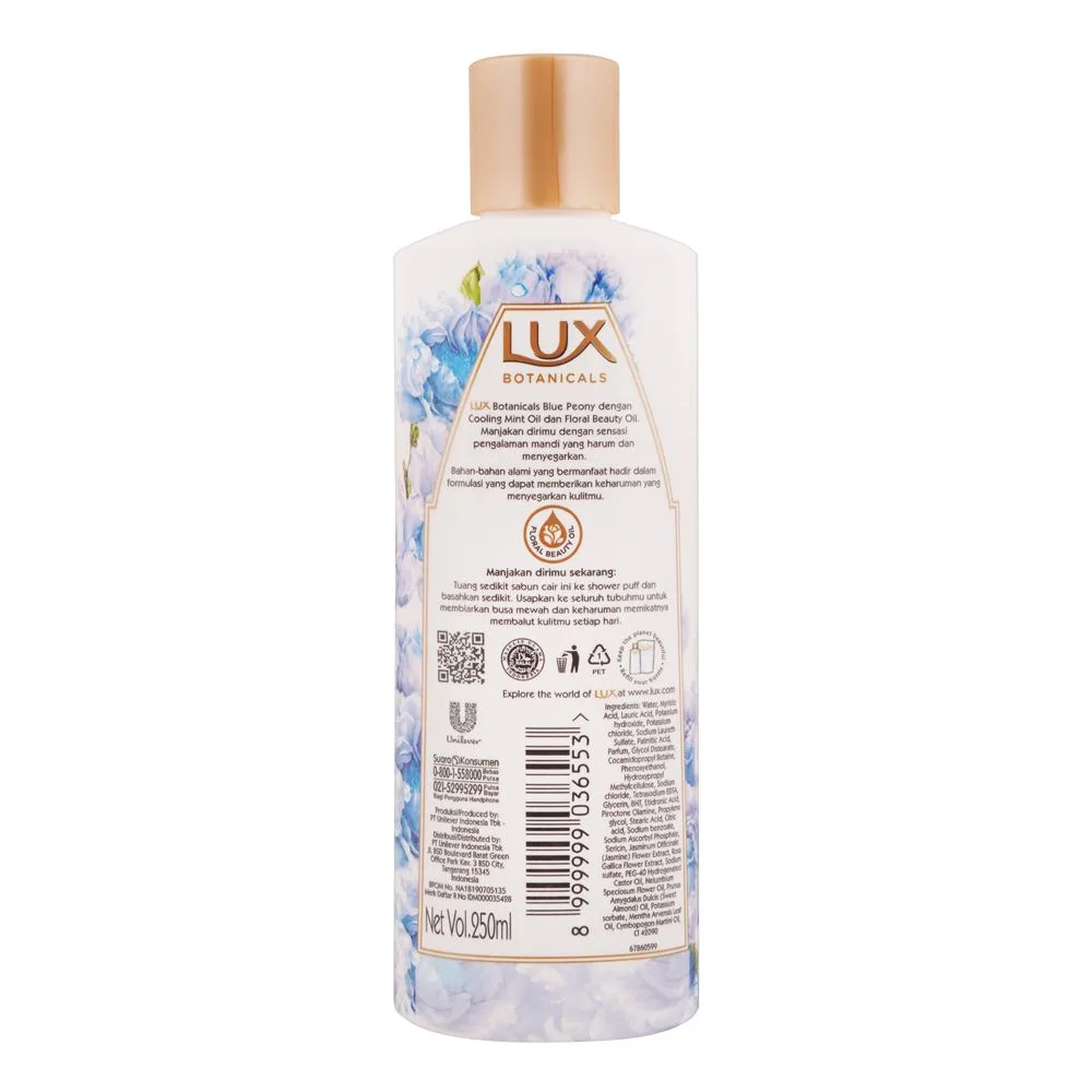 Side view of lux baru beauty oil botanicals revitalized skin kulit segar berenergi, blue peony with cooling mint, 250ml