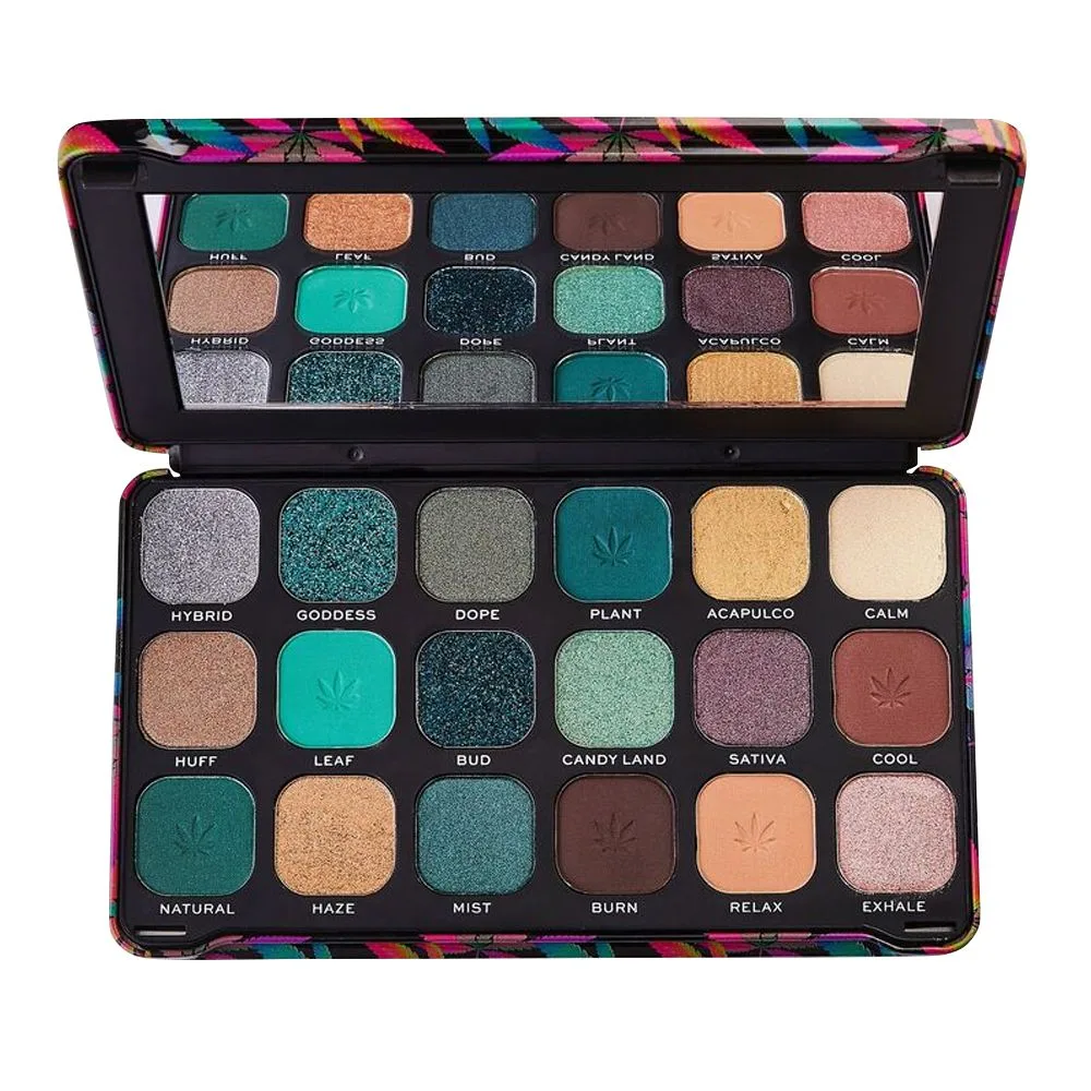 Side view of makeup revolution chilled with cannabis sativa eyeshadow palette, 18 shades