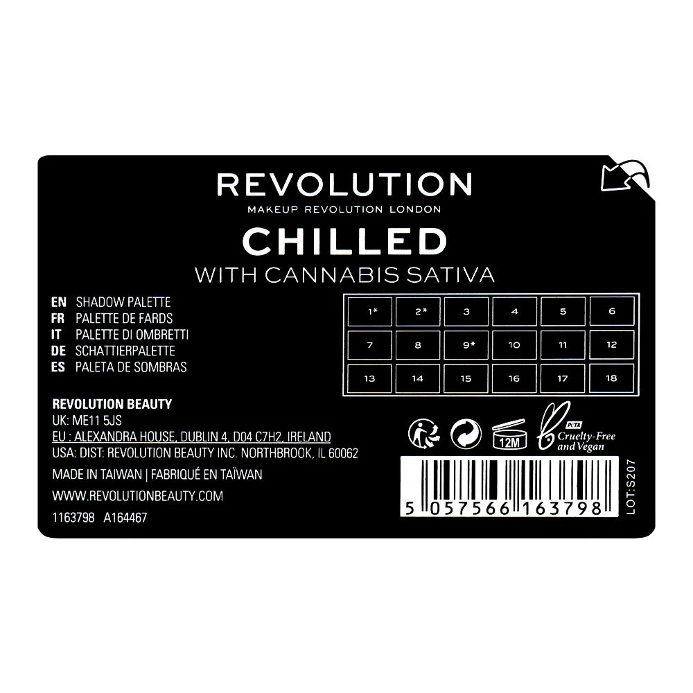 Close-up design of makeup revolution chilled with cannabis sativa eyeshadow palette, 18 shades