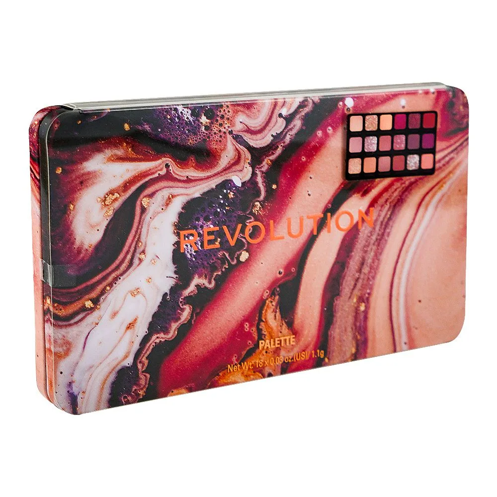 Side view of makeup revolution eyeshadow palette, forever flawl allure, 18-pack