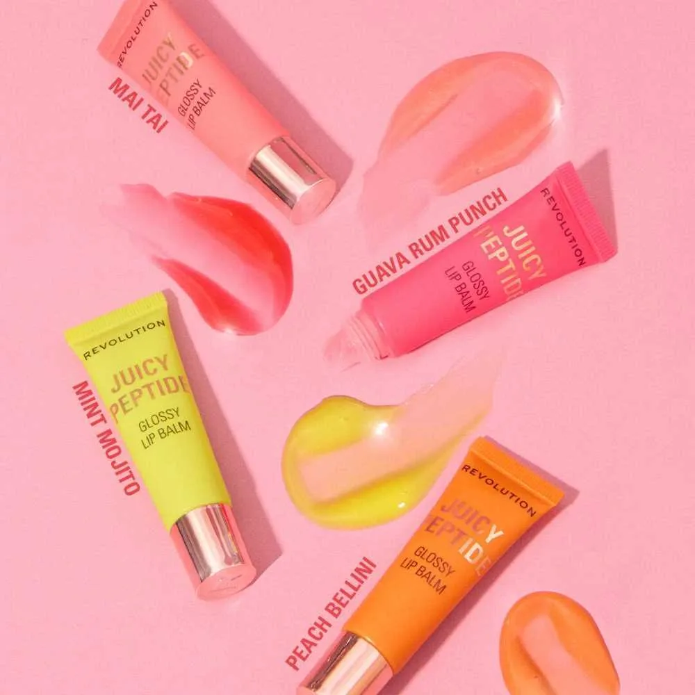 Close-up design of makeup revolution juicy peptide lip balm, guava rum punch coral, 8ml