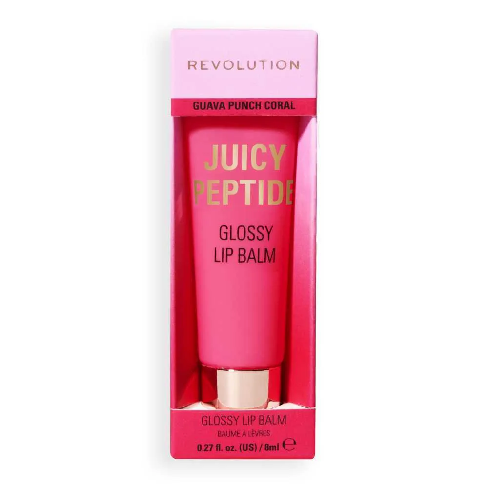 Front angle of makeup revolution juicy peptide lip balm, guava rum punch coral, 8ml