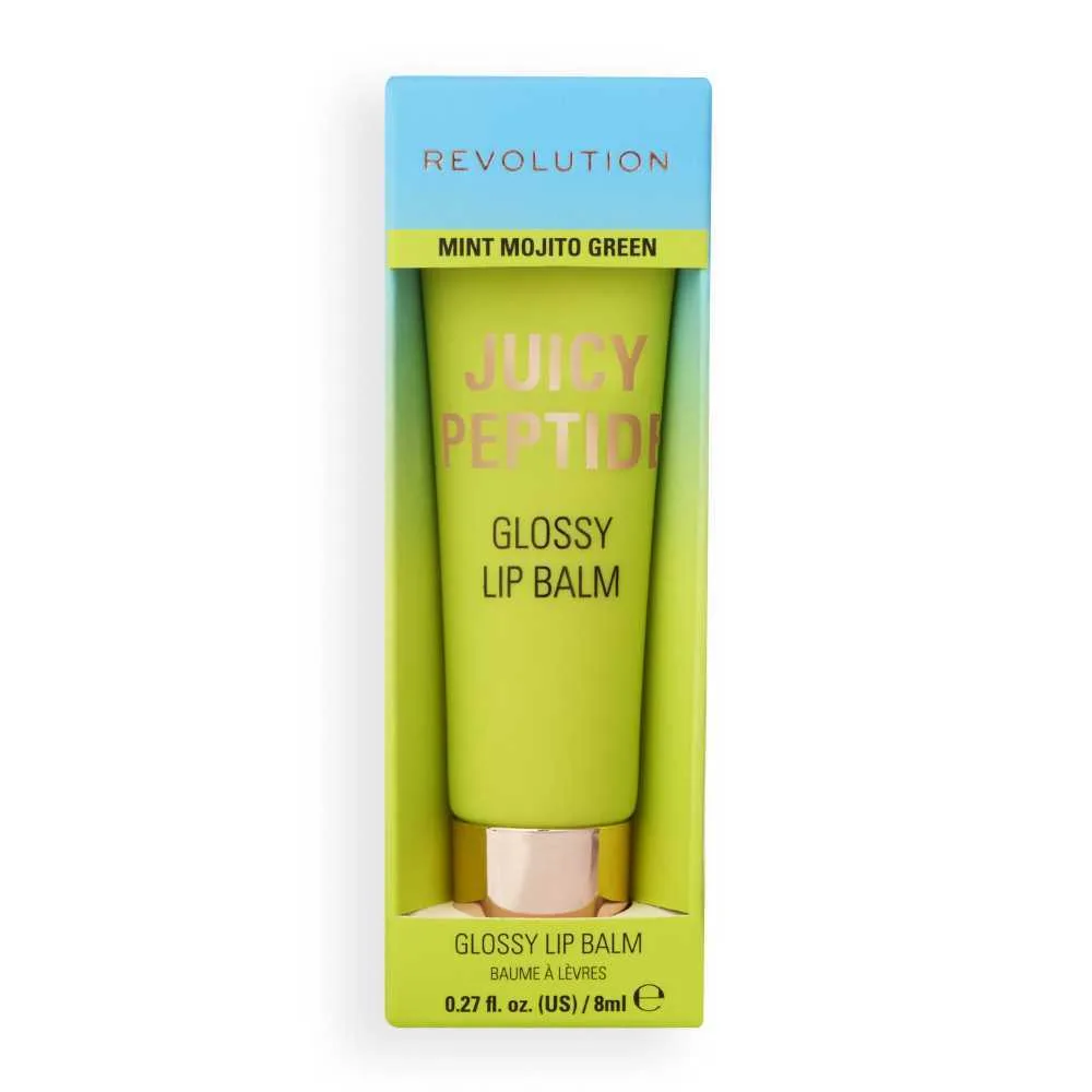 Side view of makeup revolution juicy peptide lip balm, mint mojito green, 8ml