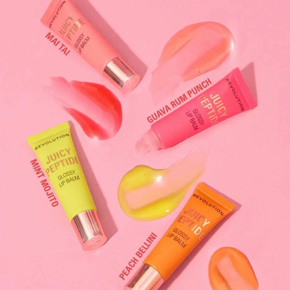 Close-up design of makeup revolution juicy peptide lip balm, peach bellini orange, 8ml