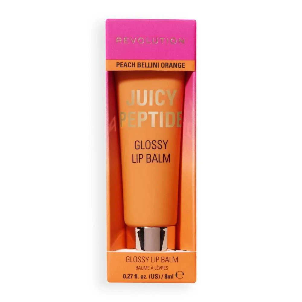 Front angle of makeup revolution juicy peptide lip balm, peach bellini orange, 8ml