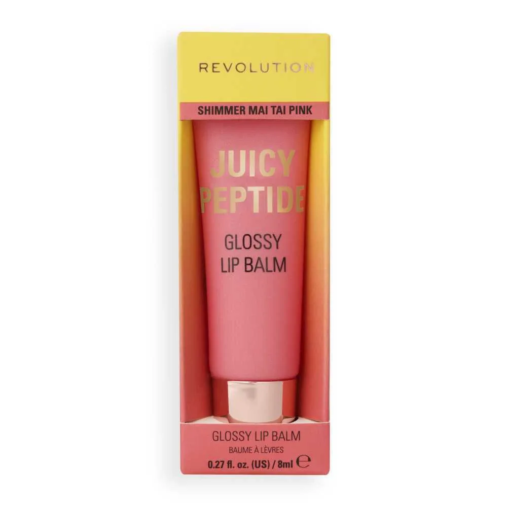 Side view of makeup revolution juicy peptide lip balm, shimmer mai tai pink, 8ml
