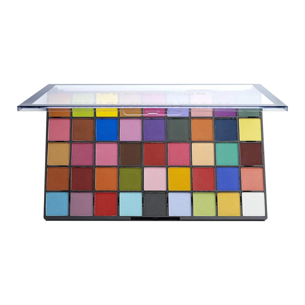 Side view of makeup revolution maxi reloaded eyeshadow palette, monster mattes, 45 pieces
